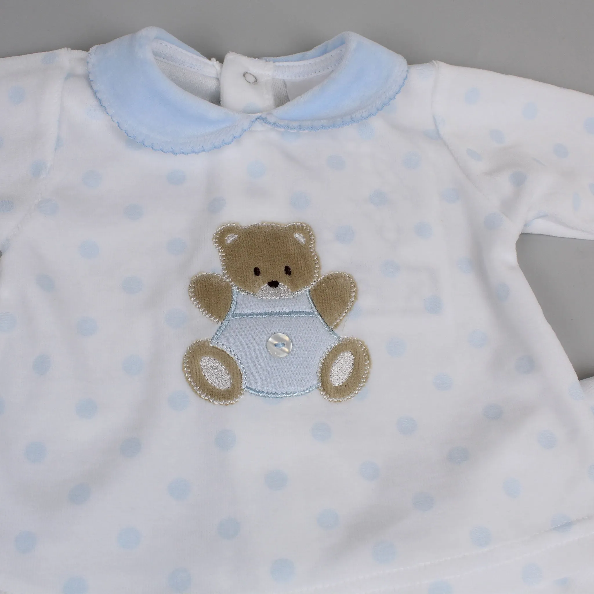 Baby Boys Teddy Polka Dot Velour Snuggle Outfit - Blue and White - Pex