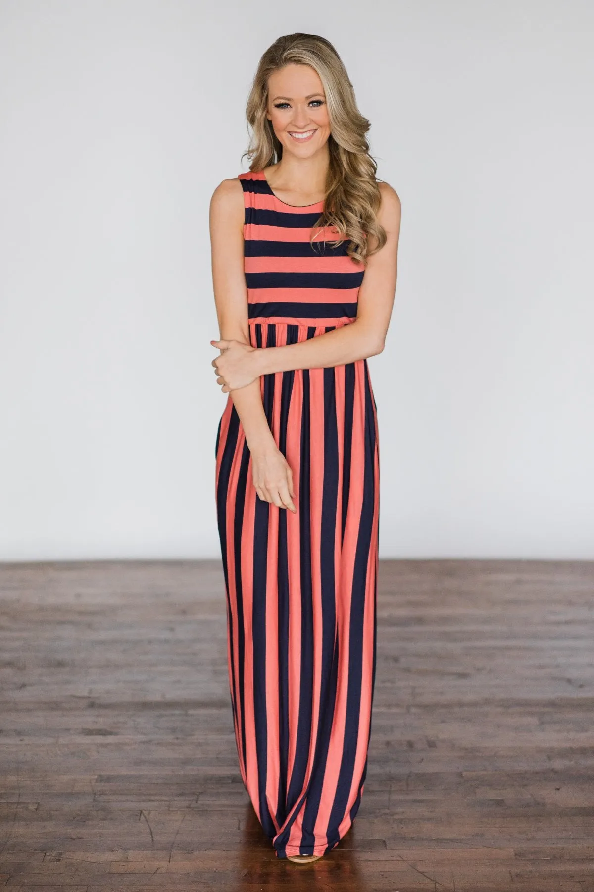 Beach Daze Striped Maxi Dress ~ Navy & Coral