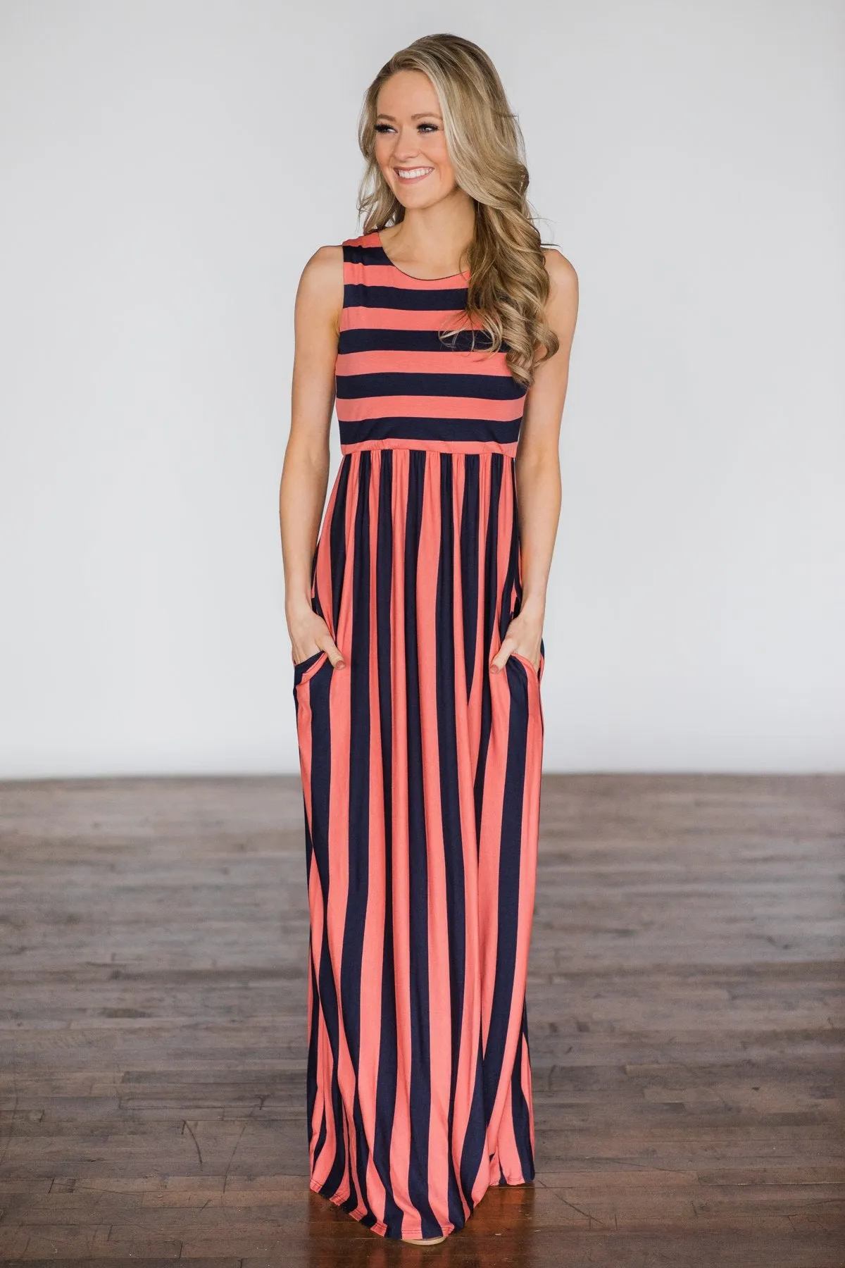 Beach Daze Striped Maxi Dress ~ Navy & Coral