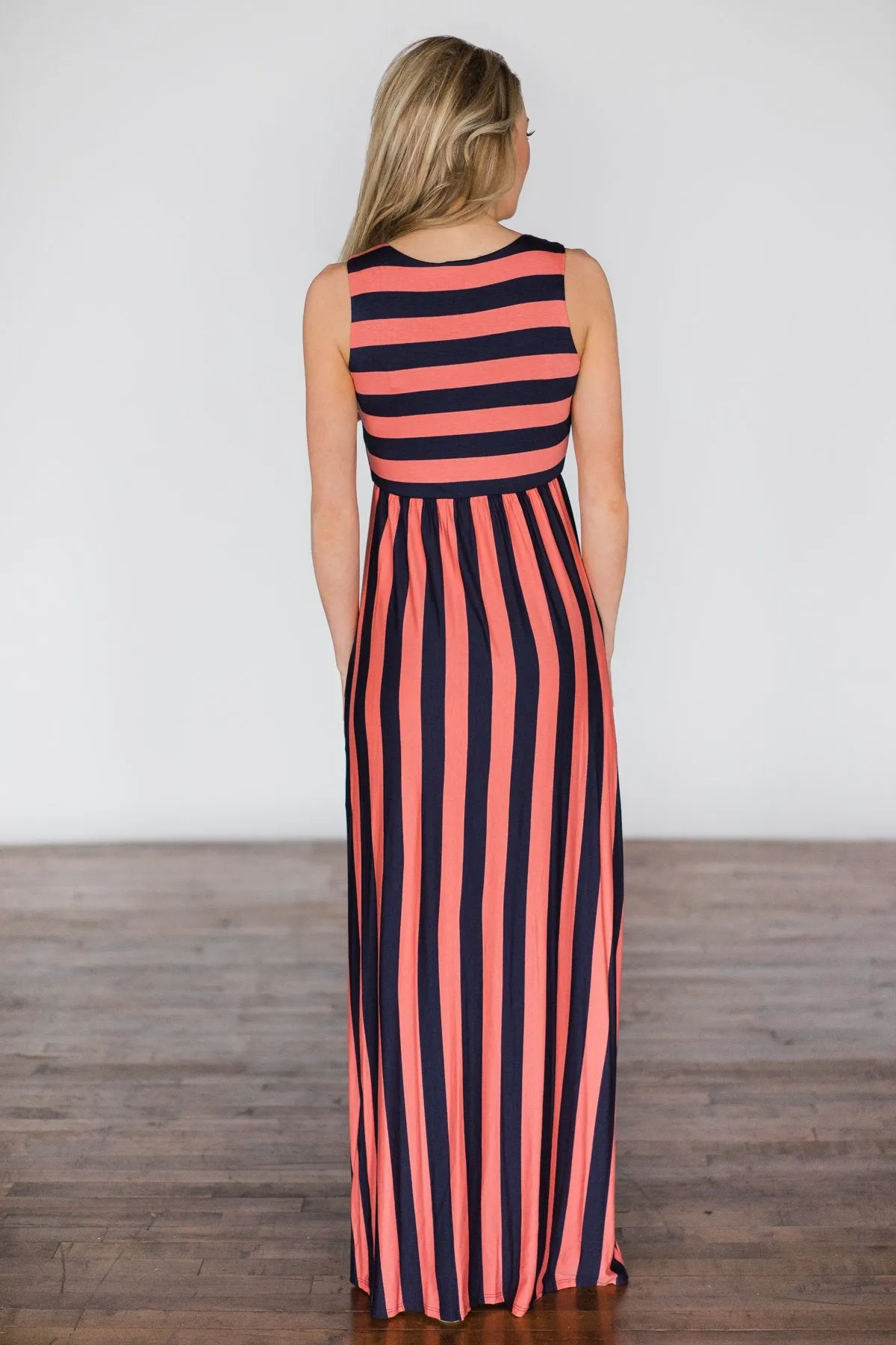 Beach Daze Striped Maxi Dress ~ Navy & Coral