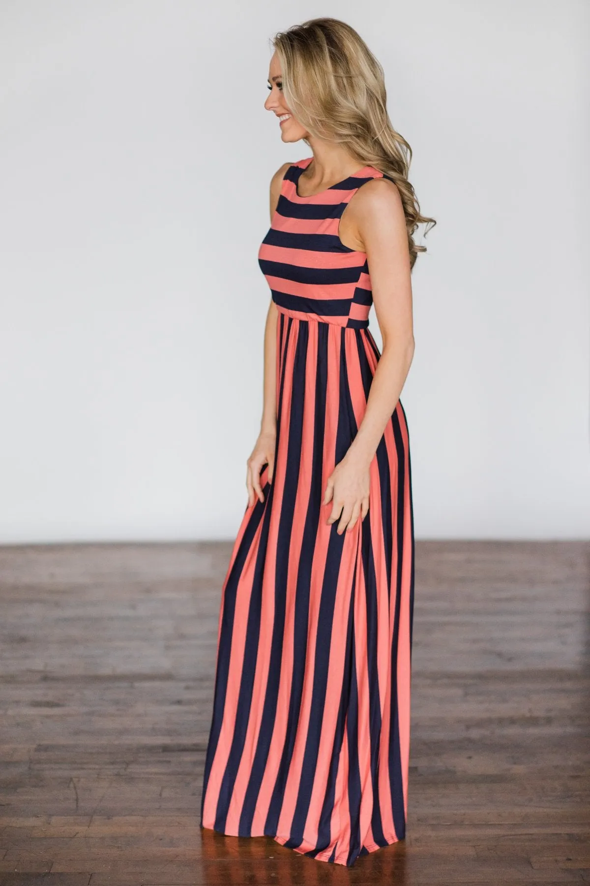 Beach Daze Striped Maxi Dress ~ Navy & Coral