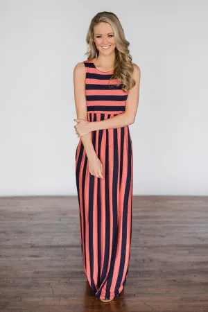 Beach Daze Striped Maxi Dress ~ Navy & Coral