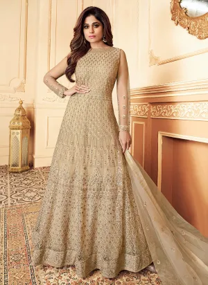 Beige Golden Traditional Embroidered Anarkali Suit