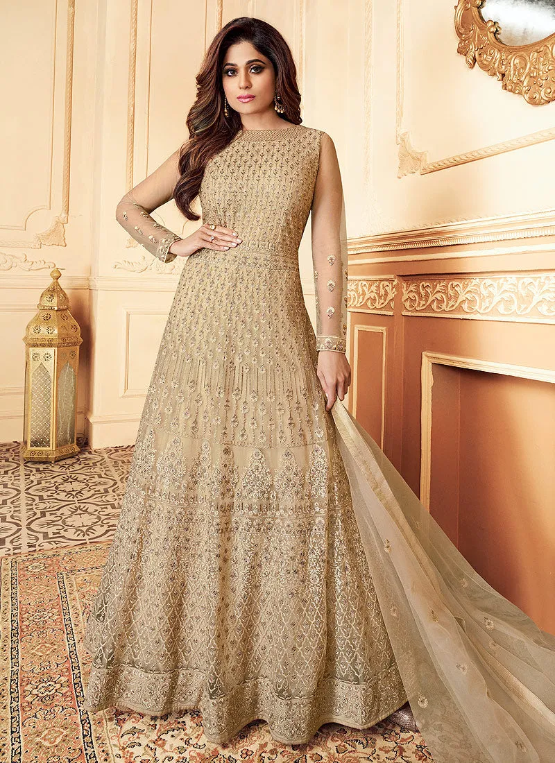 Beige Golden Traditional Embroidered Anarkali Suit