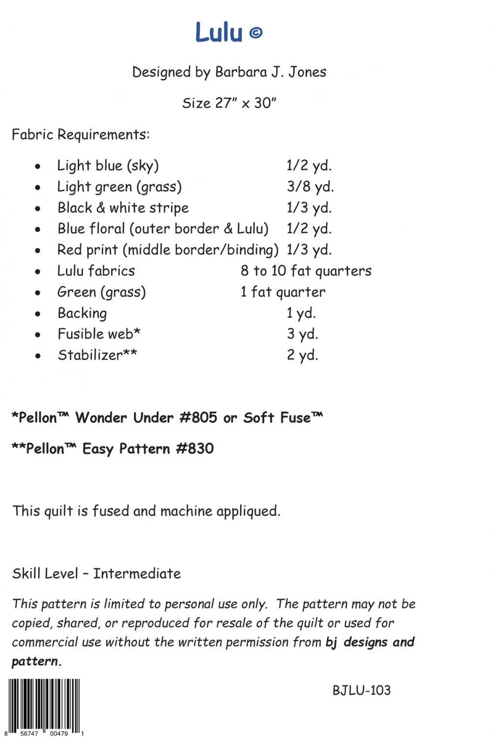 BJ Designs & Patterns Lulu the Dog Applique Quilt Pattern