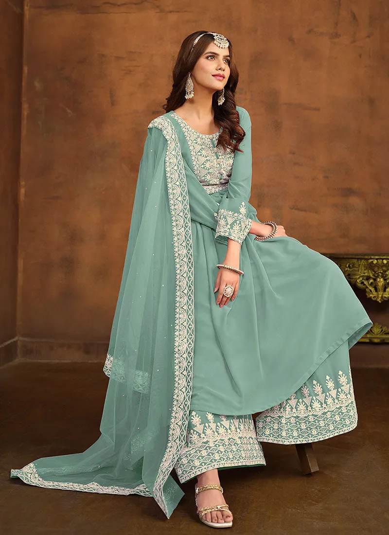 Blue Thread Embroidery Anarkali Palazzo Suit