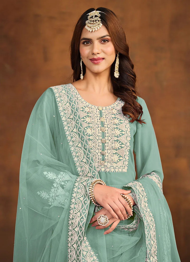 Blue Thread Embroidery Anarkali Palazzo Suit