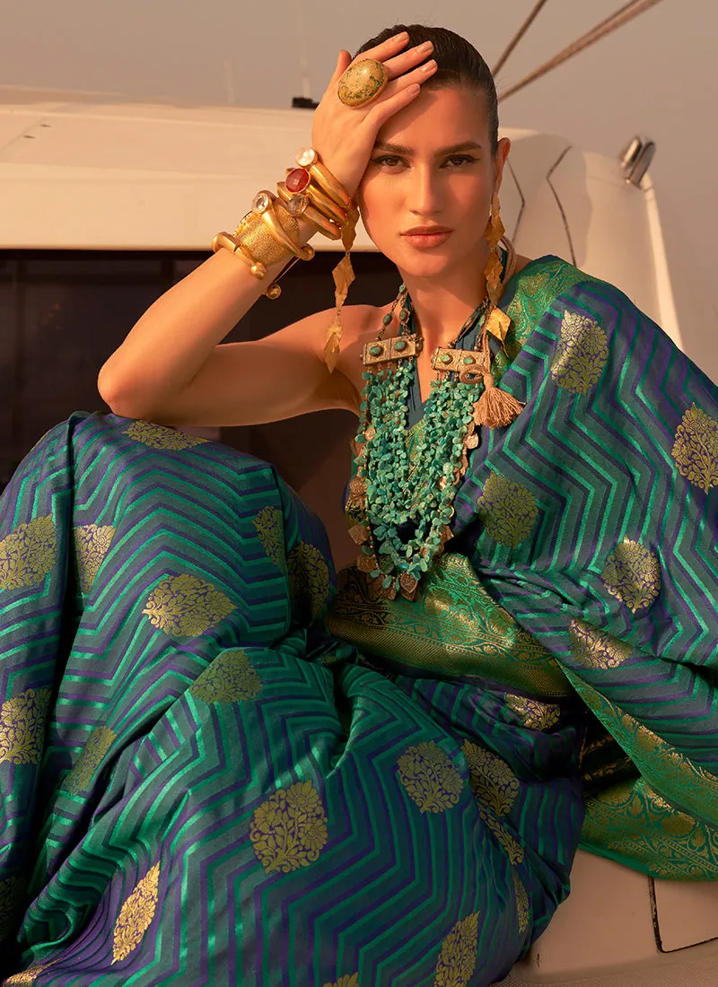 Blue Two Tone Zari Weaved Satin Silk Saree