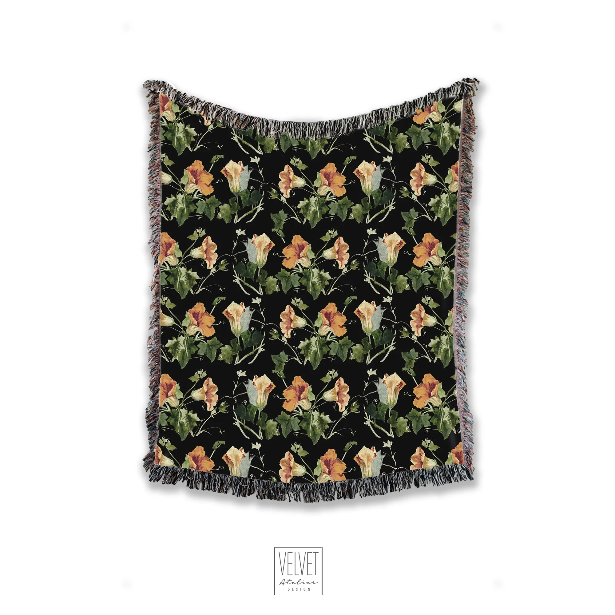 Boho floral throw blanket, Woven Blanket, Pumpkin Flowers, Tapestry, Retro, Cozy And Stylish, Interior Decor, Home Accent, Home Decor