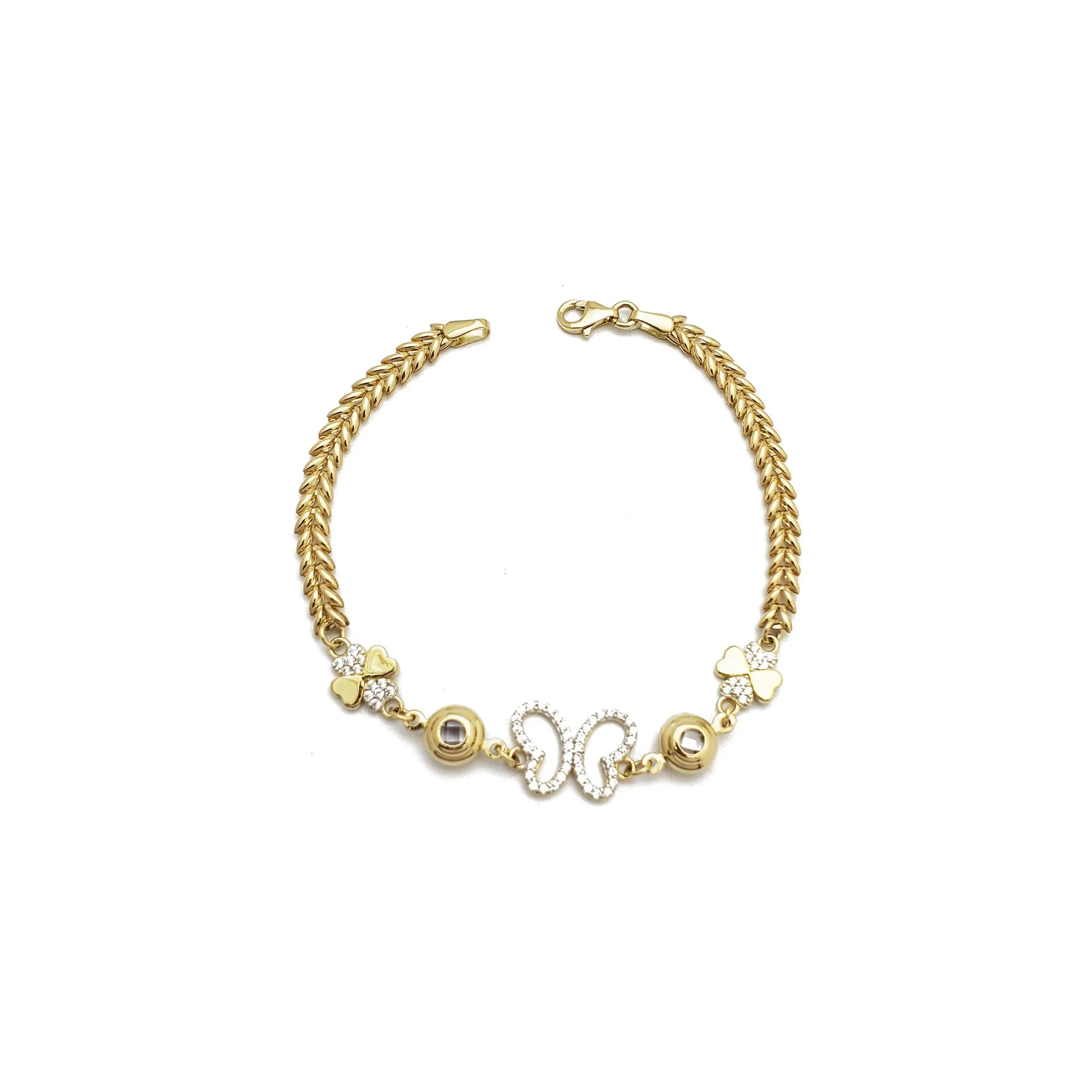 Butterfly Clover Leaf Wheat Link CZ Bracelet (14K)