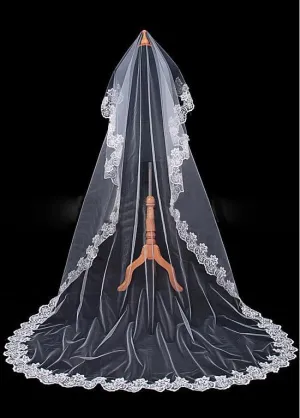 Cathedral Wedding Veil With Lace Appliques Edge