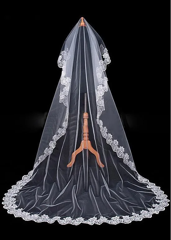 Cathedral Wedding Veil With Lace Appliques Edge