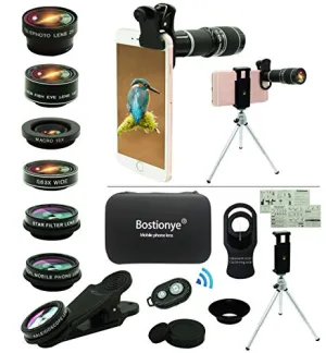Cell Phone Camera Lens Kit,11 in 1 Universal 20x Zoom Telephoto Lens,0.63Wide Angle 15X Macro 198°Fisheye 2X Telephoto Kaleidoscope CPL/Starlight/Eyemask/Tripod/Remote,for Most Smartphone (Black)