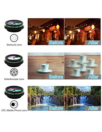 Cell Phone Camera Lens Kit,11 in 1 Universal 20x Zoom Telephoto Lens,0.63Wide Angle 15X Macro 198°Fisheye 2X Telephoto Kaleidoscope CPL/Starlight/Eyemask/Tripod/Remote,for Most Smartphone (Black)