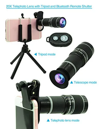 Cell Phone Camera Lens Kit,11 in 1 Universal 20x Zoom Telephoto Lens,0.63Wide Angle 15X Macro 198°Fisheye 2X Telephoto Kaleidoscope CPL/Starlight/Eyemask/Tripod/Remote,for Most Smartphone (Black)
