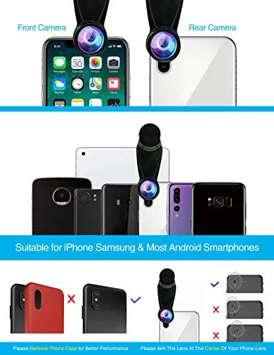 Cell Phone Camera Lens Kit,11 in 1 Universal 20x Zoom Telephoto Lens,0.63Wide Angle 15X Macro 198°Fisheye 2X Telephoto Kaleidoscope CPL/Starlight/Eyemask/Tripod/Remote,for Most Smartphone (Black)
