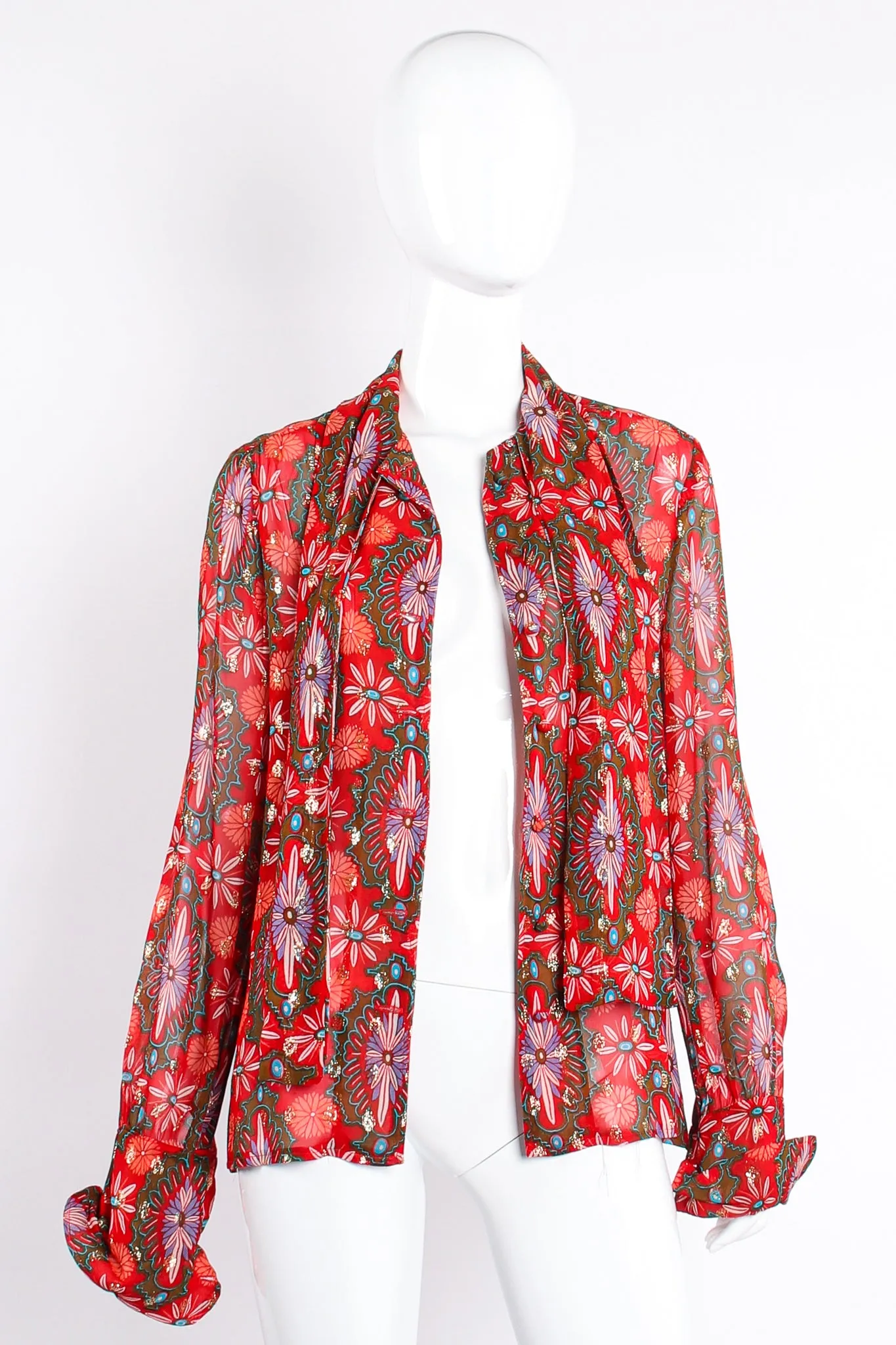 Chiffon Brocade Tie Neck Blouse