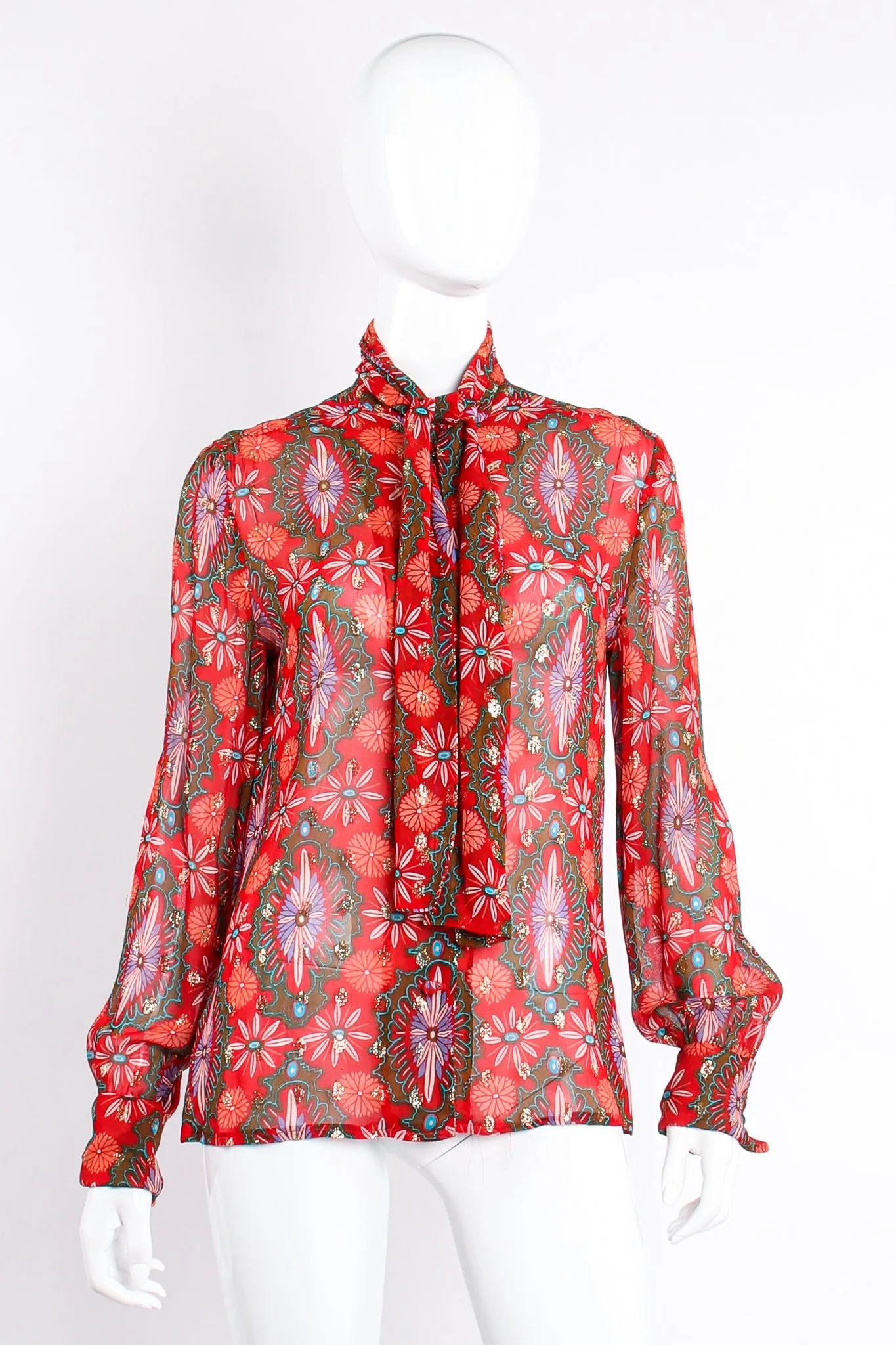 Chiffon Brocade Tie Neck Blouse