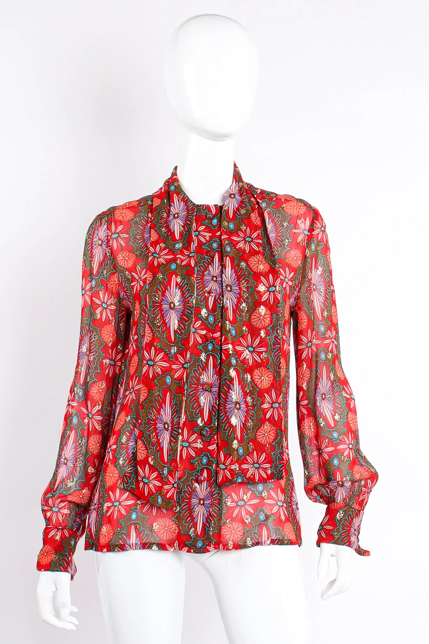 Chiffon Brocade Tie Neck Blouse