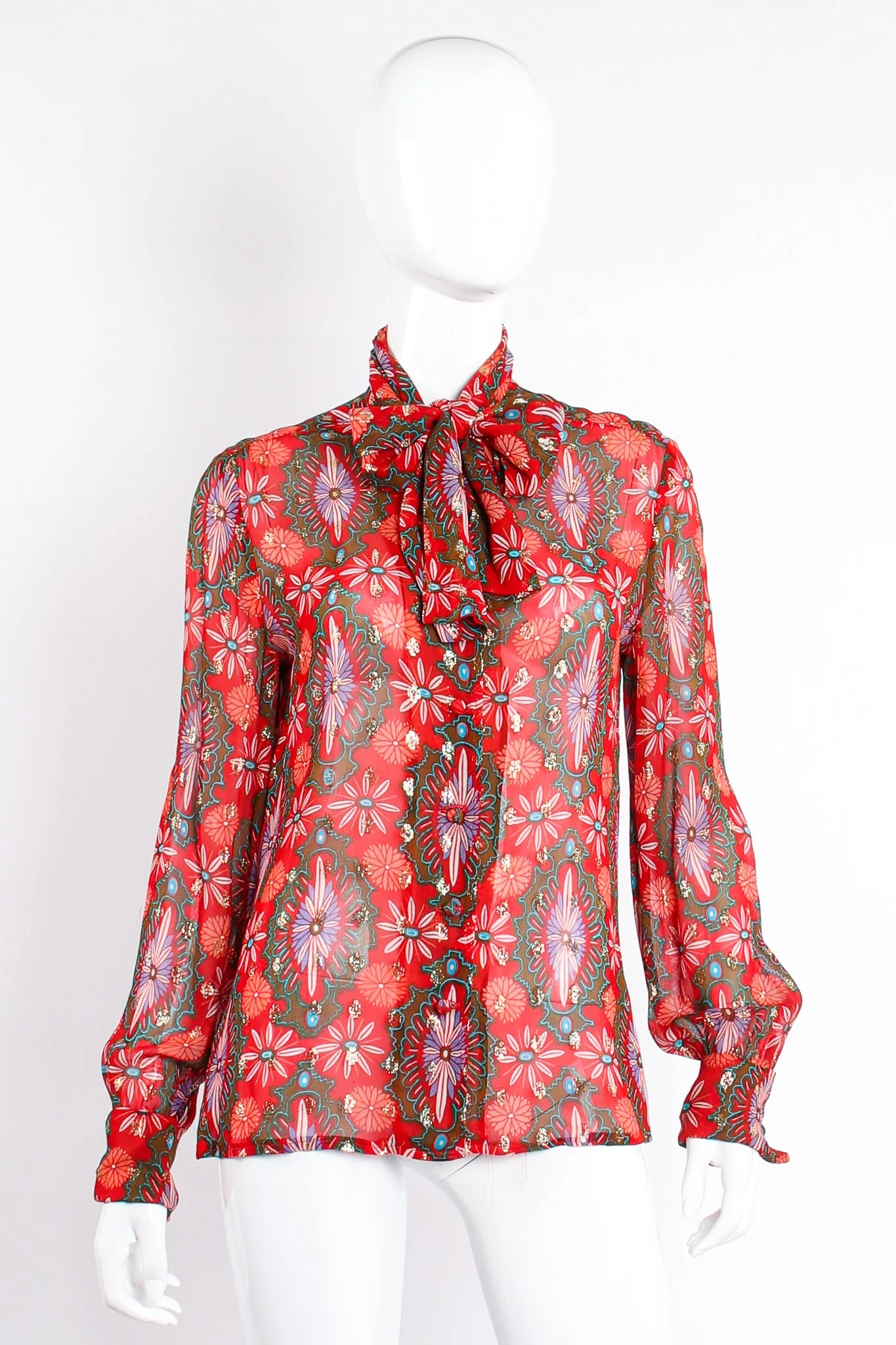 Chiffon Brocade Tie Neck Blouse