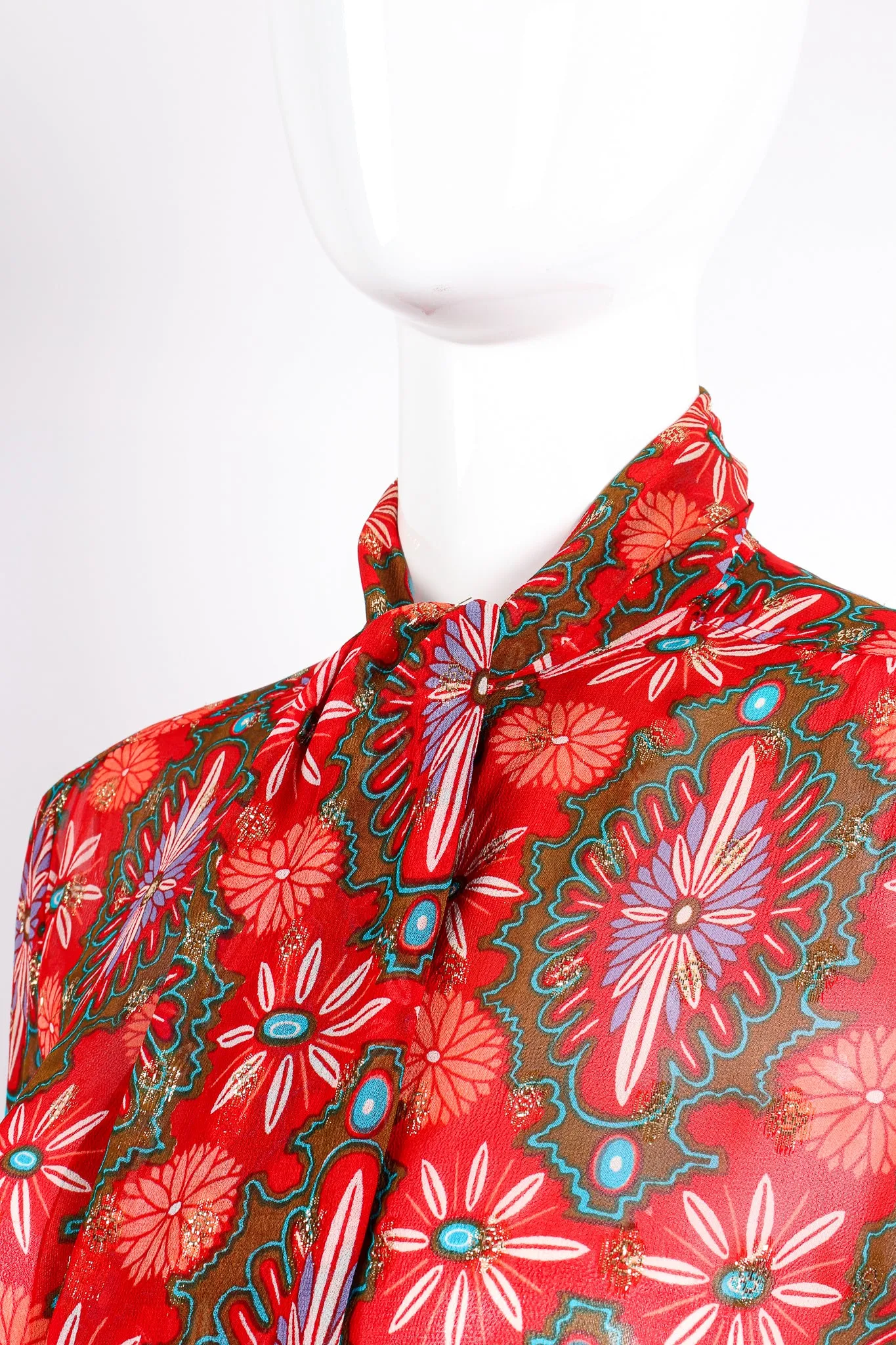 Chiffon Brocade Tie Neck Blouse