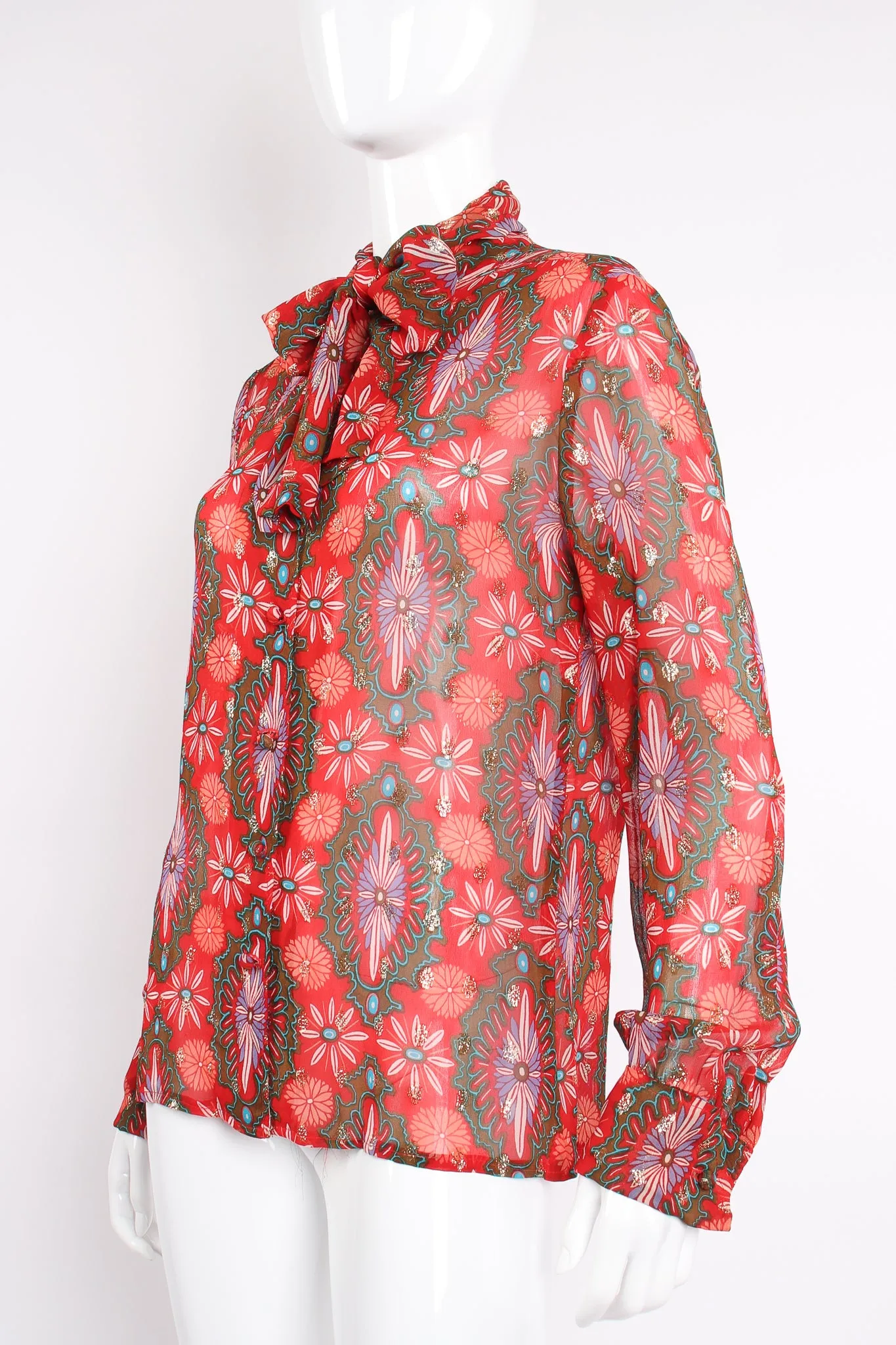 Chiffon Brocade Tie Neck Blouse