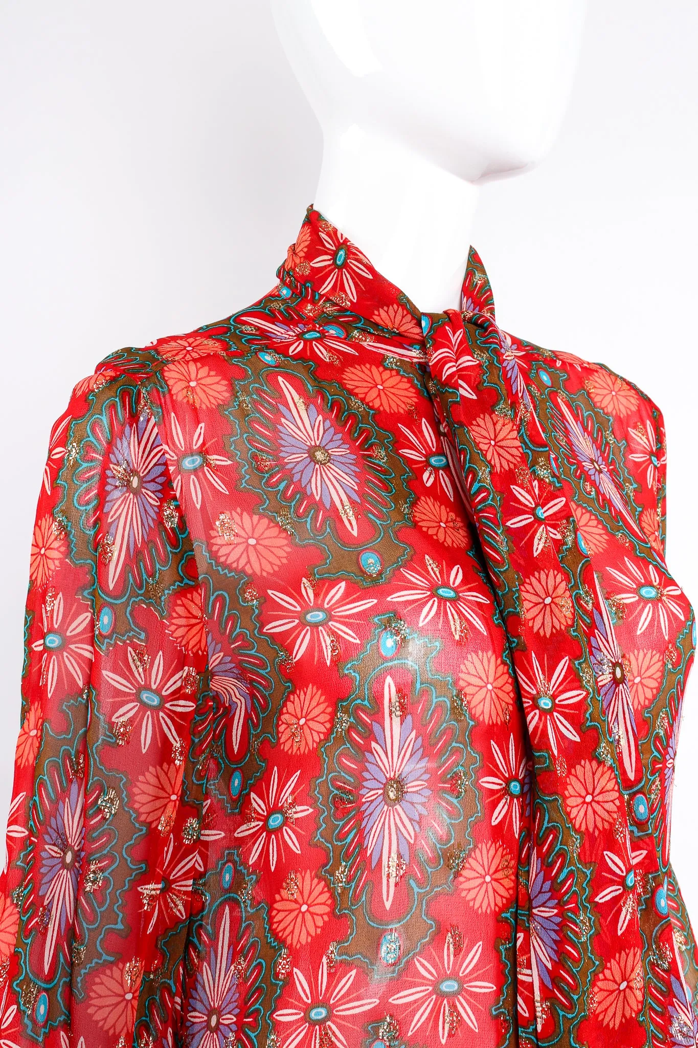Chiffon Brocade Tie Neck Blouse
