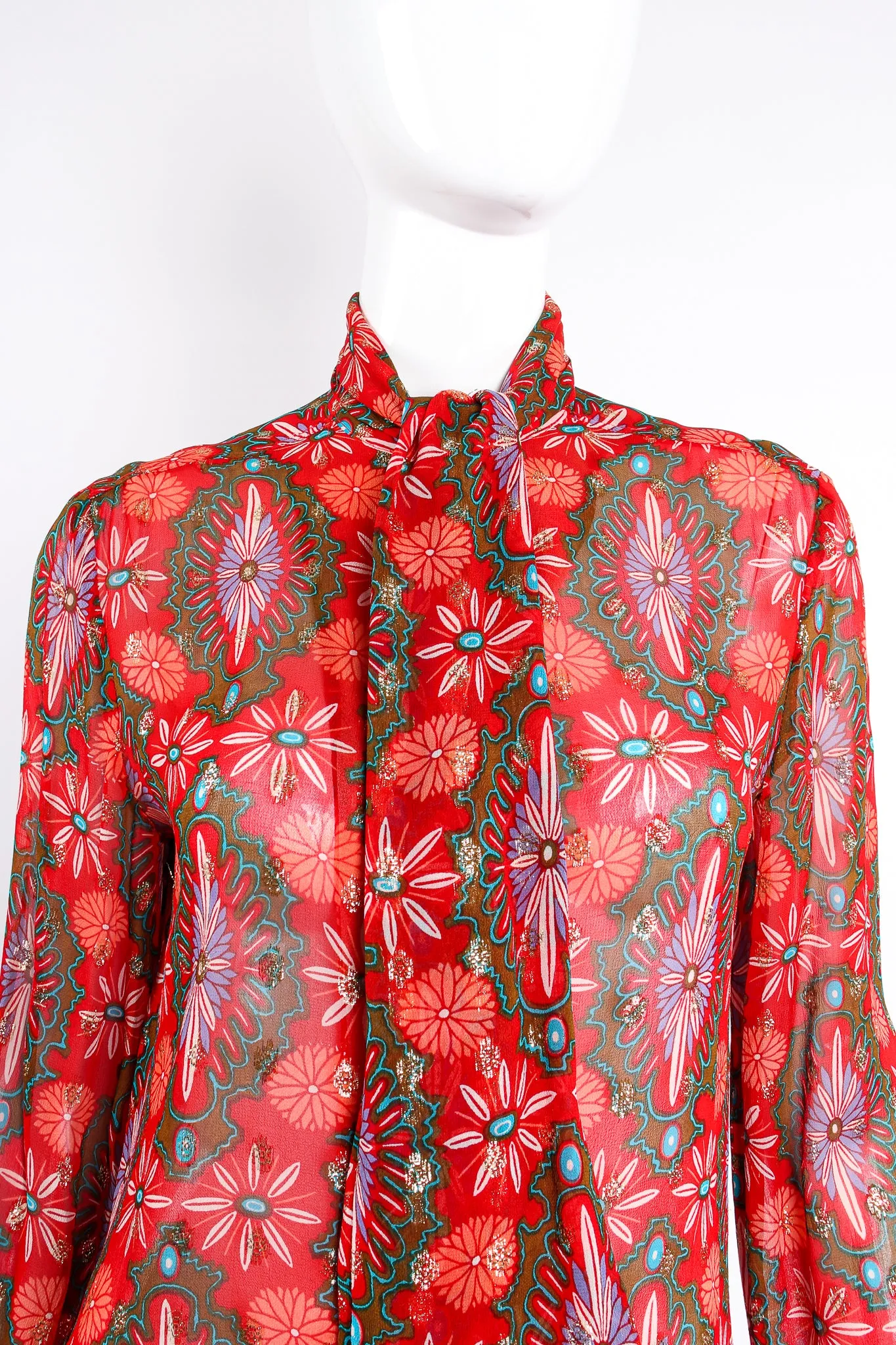 Chiffon Brocade Tie Neck Blouse
