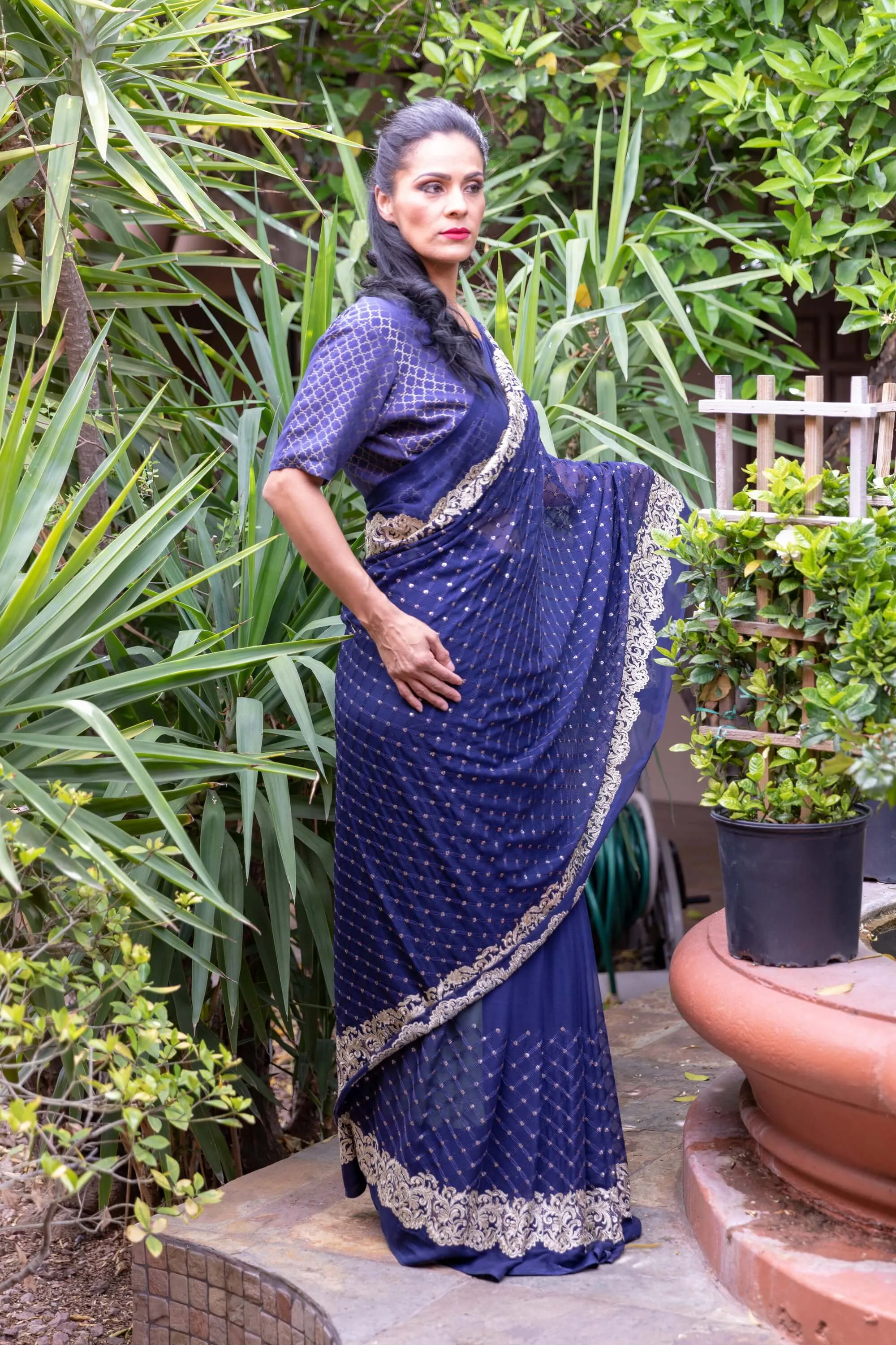 Chiffon Navy Blue Saree With Gold Embroider and Trim