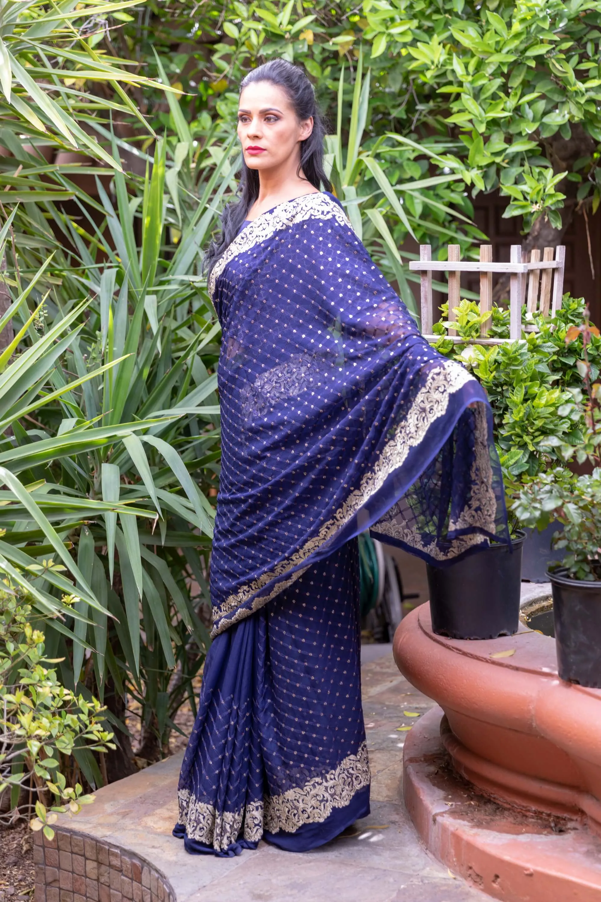 Chiffon Navy Blue Saree With Gold Embroider and Trim