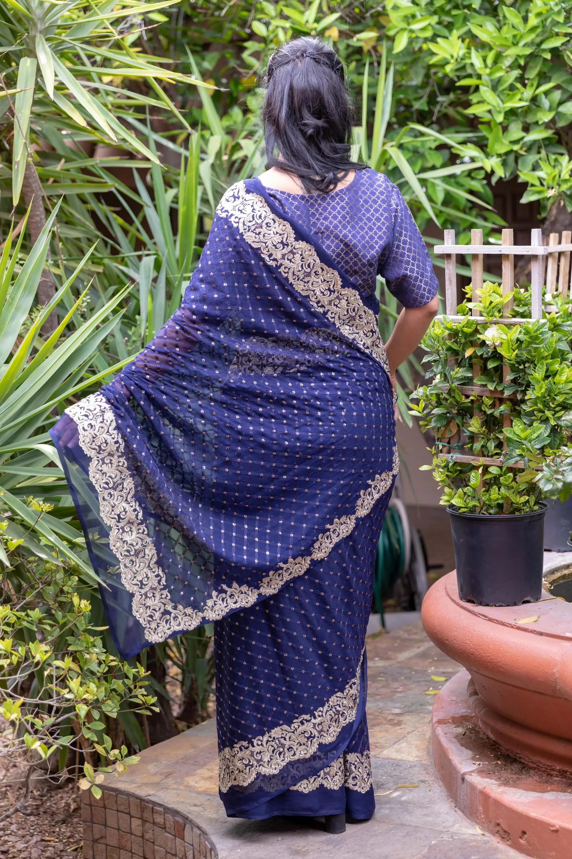 Chiffon Navy Blue Saree With Gold Embroider and Trim