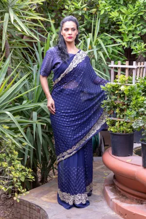 Chiffon Navy Blue Saree With Gold Embroider and Trim