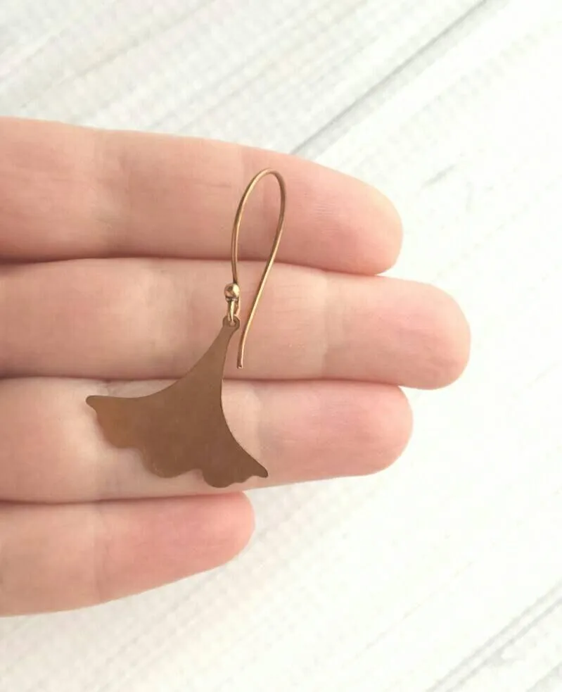 Copper Leaf Earrings, Asian earring, ginkgo leaves, ginkgo leaf earring, antique copper earring, ruffled edge, modern leaf, Zen Boho nature