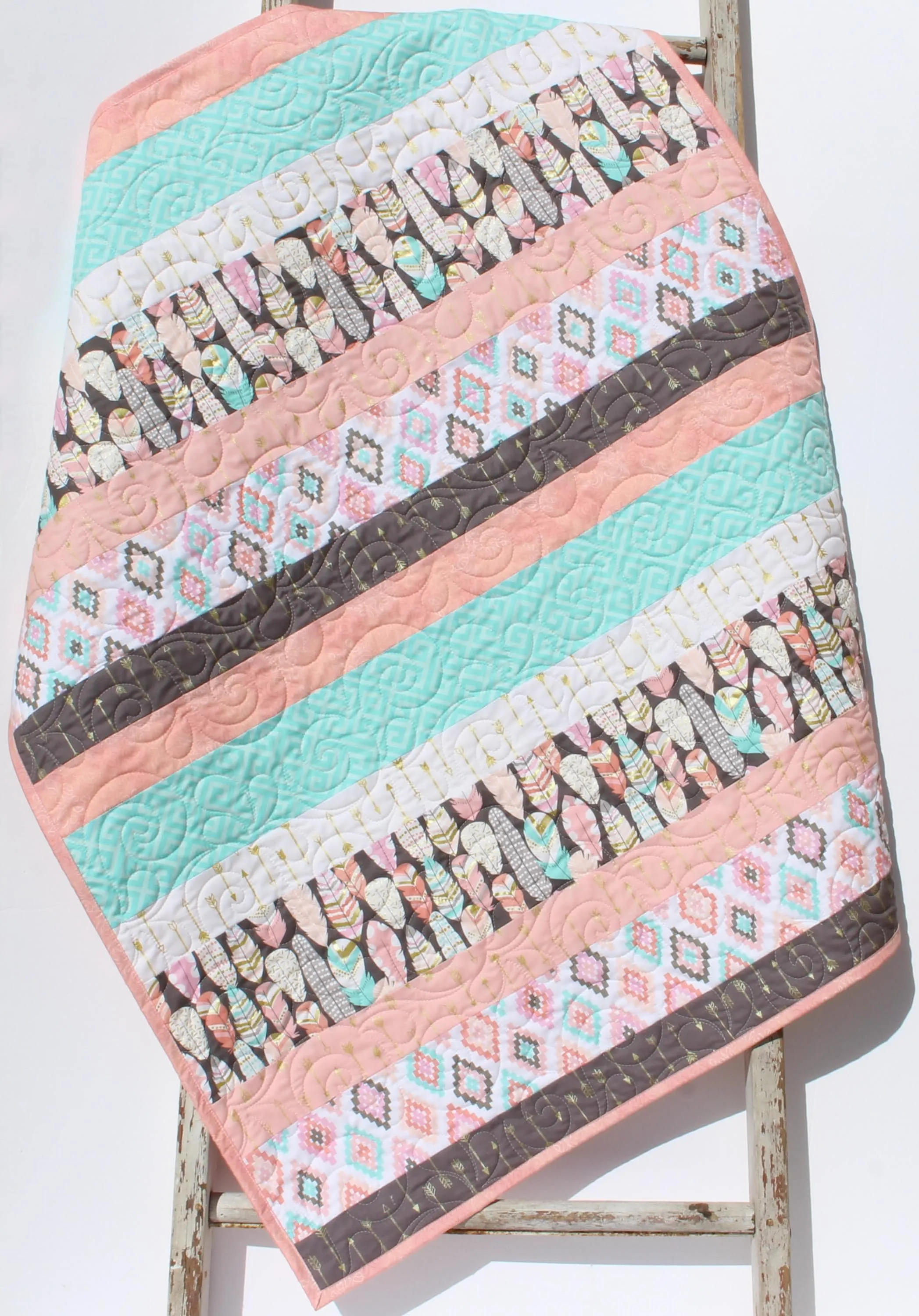 Craft Kits Baby Girl Quilt Kit DIY Fabric Bundle Set Pattern with Instructions Aztec Arrows Feathers Aqua Gold Glitz Newborn Blanket to Make