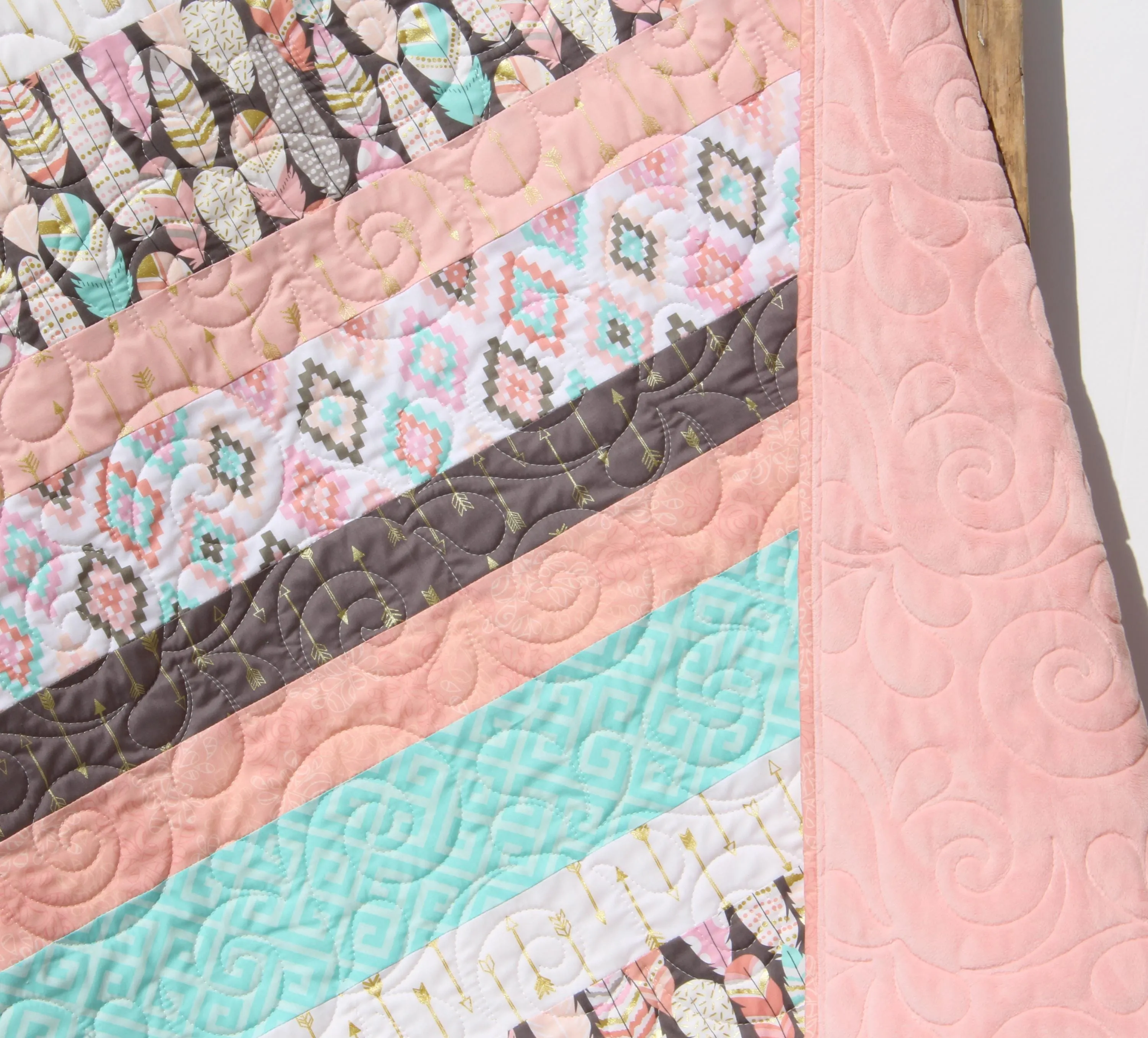Craft Kits Baby Girl Quilt Kit DIY Fabric Bundle Set Pattern with Instructions Aztec Arrows Feathers Aqua Gold Glitz Newborn Blanket to Make