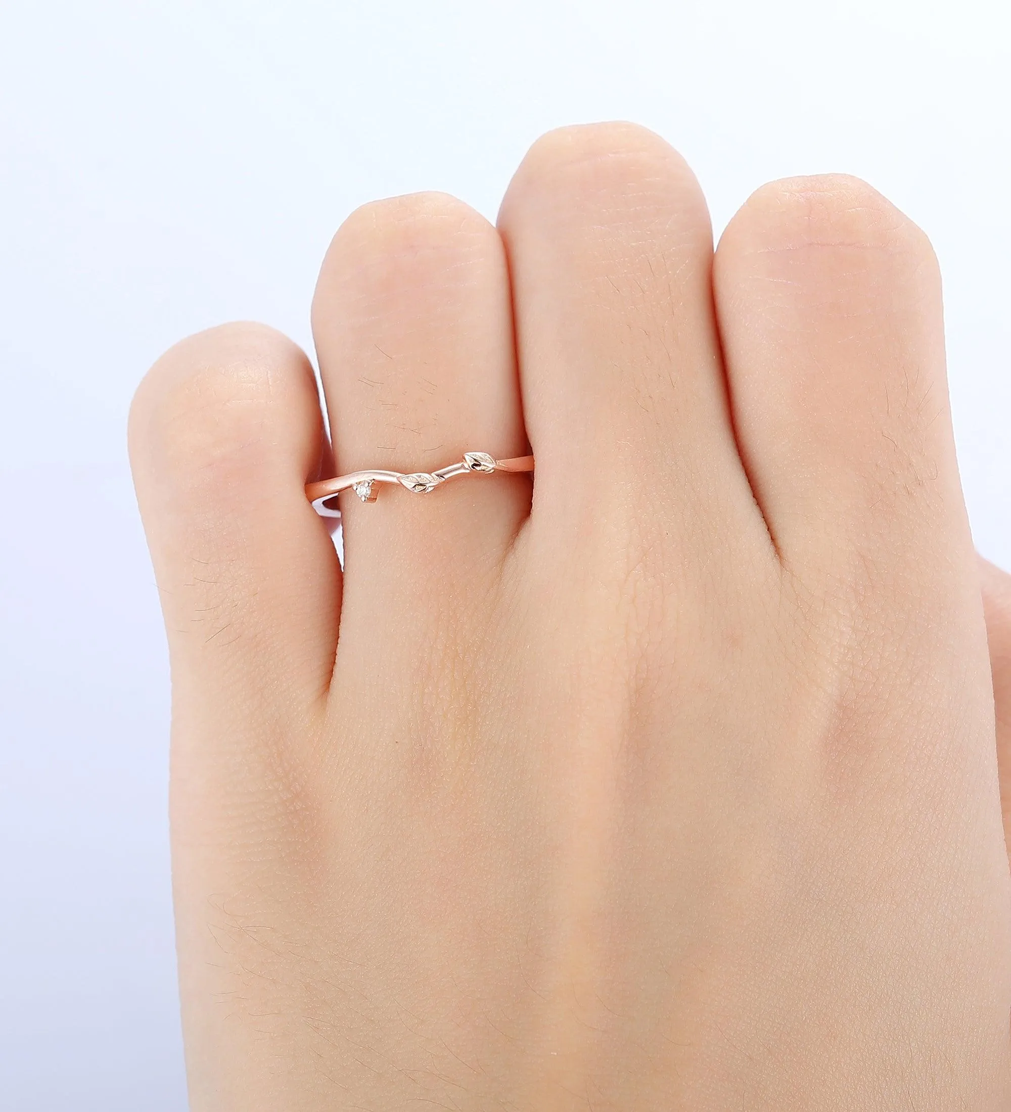 dainty moissanite bridal wedding anniversary band art deco leaf promise ring