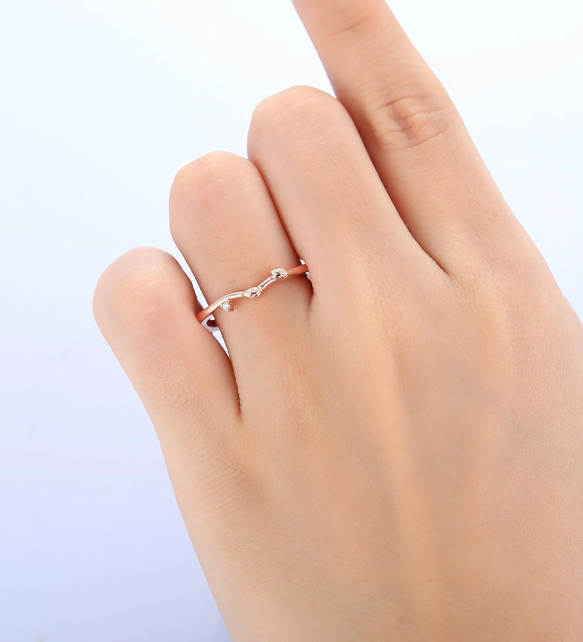 dainty moissanite bridal wedding anniversary band art deco leaf promise ring
