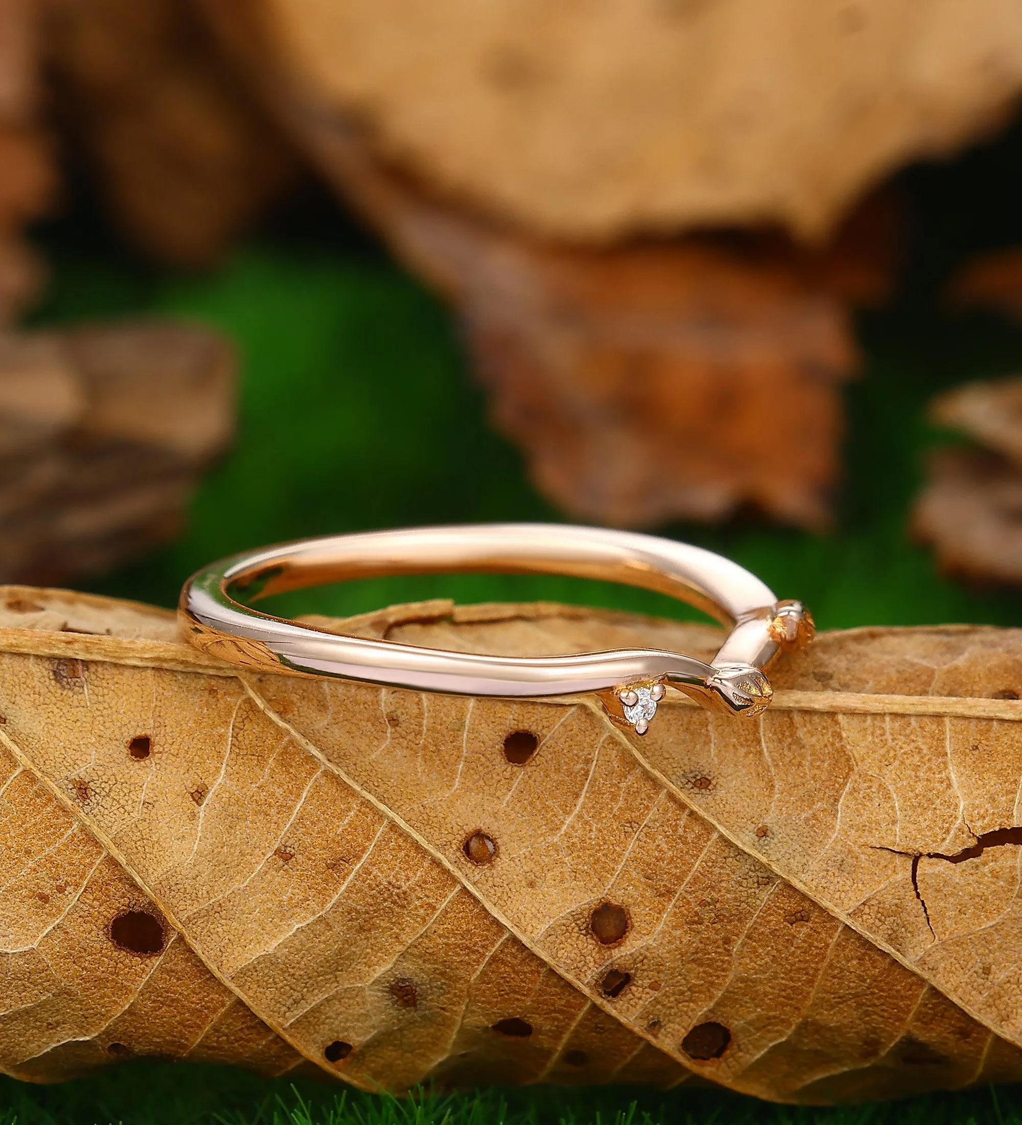 dainty moissanite bridal wedding anniversary band art deco leaf promise ring