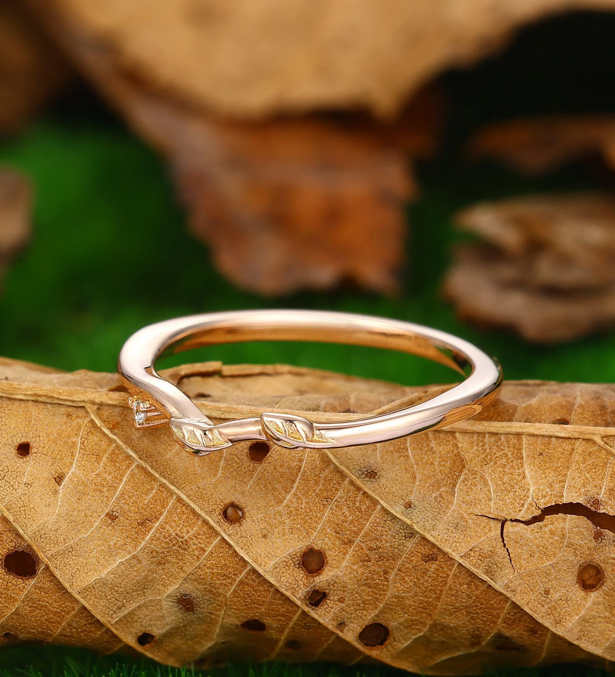 dainty moissanite bridal wedding anniversary band art deco leaf promise ring