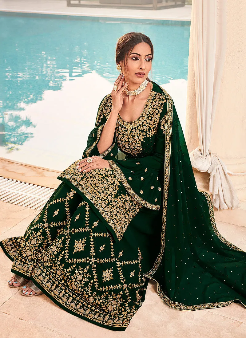 Dark Green Embroidered Bridal Style Gharara Suit
