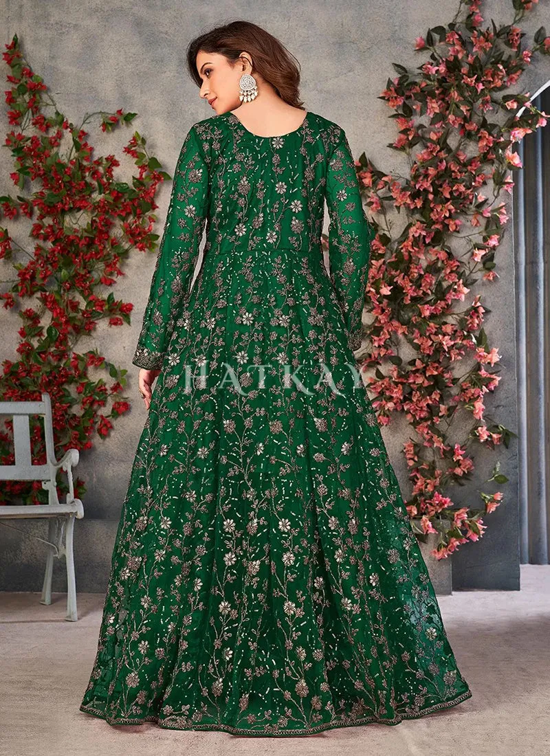 Dark Green Zari Embroidered Slit Style Anarkali Pant Suit
