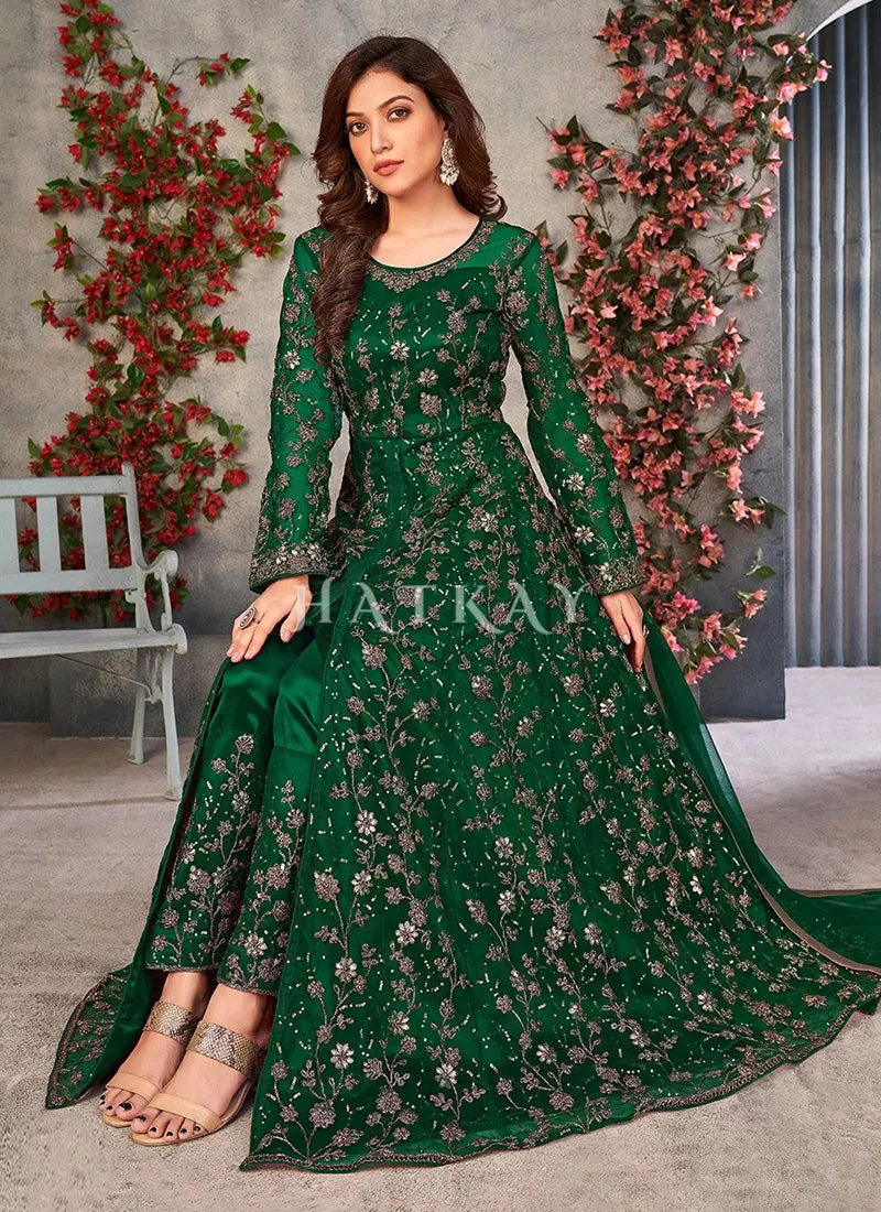 Dark Green Zari Embroidered Slit Style Anarkali Pant Suit