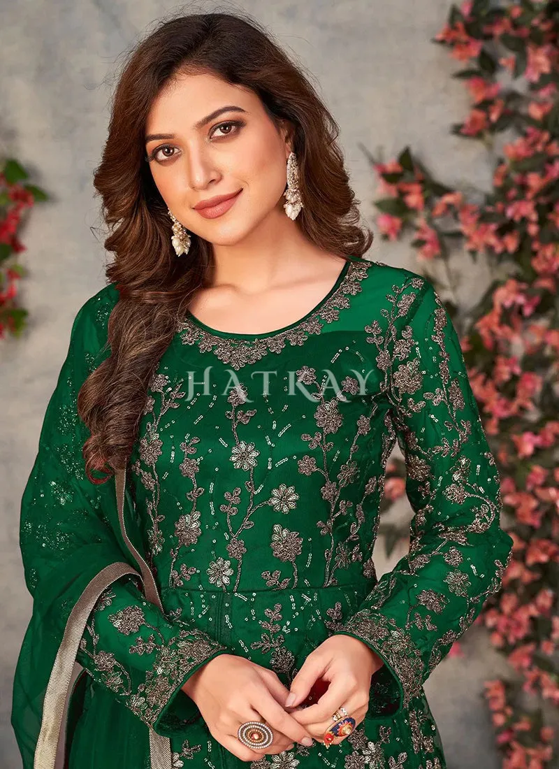 Dark Green Zari Embroidered Slit Style Anarkali Pant Suit