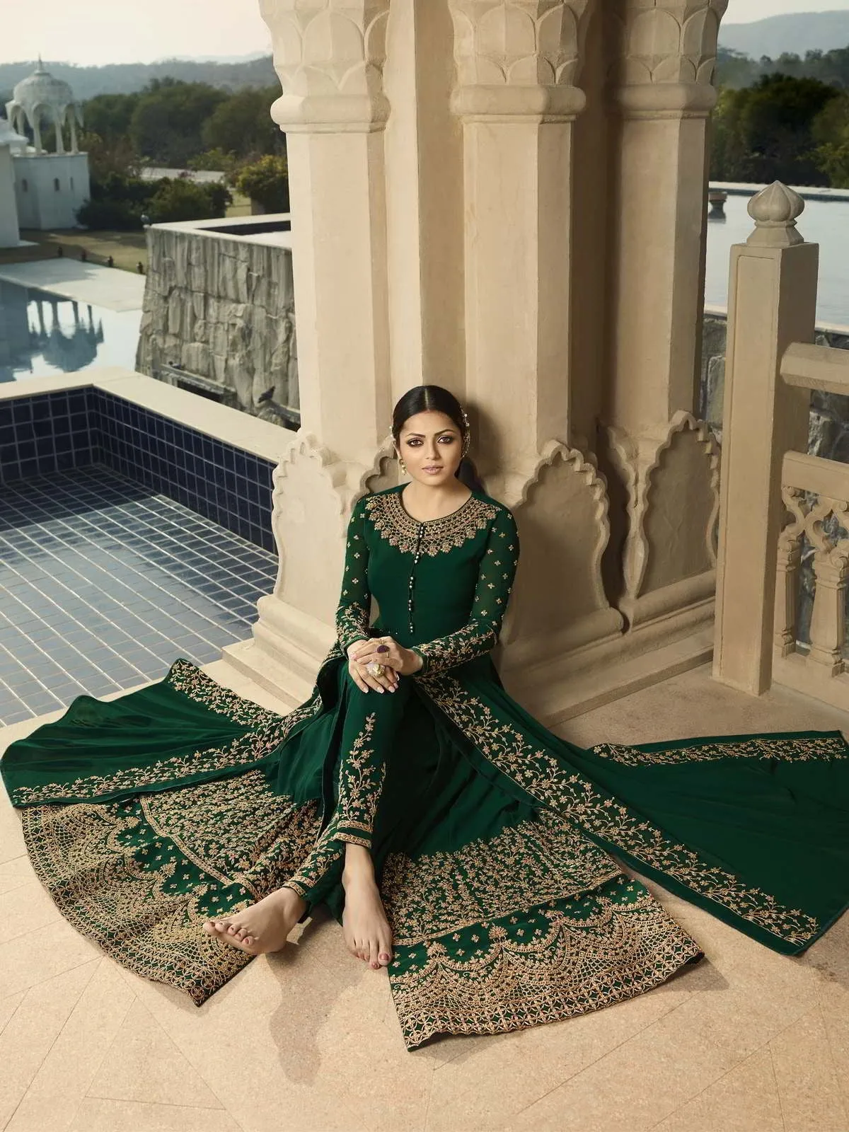 Deep Green Embroidered Party Wear Anarkali Pant Suit
