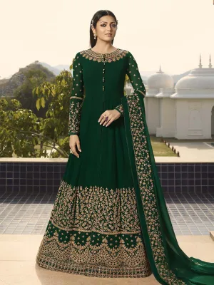 Deep Green Embroidered Party Wear Anarkali Pant Suit