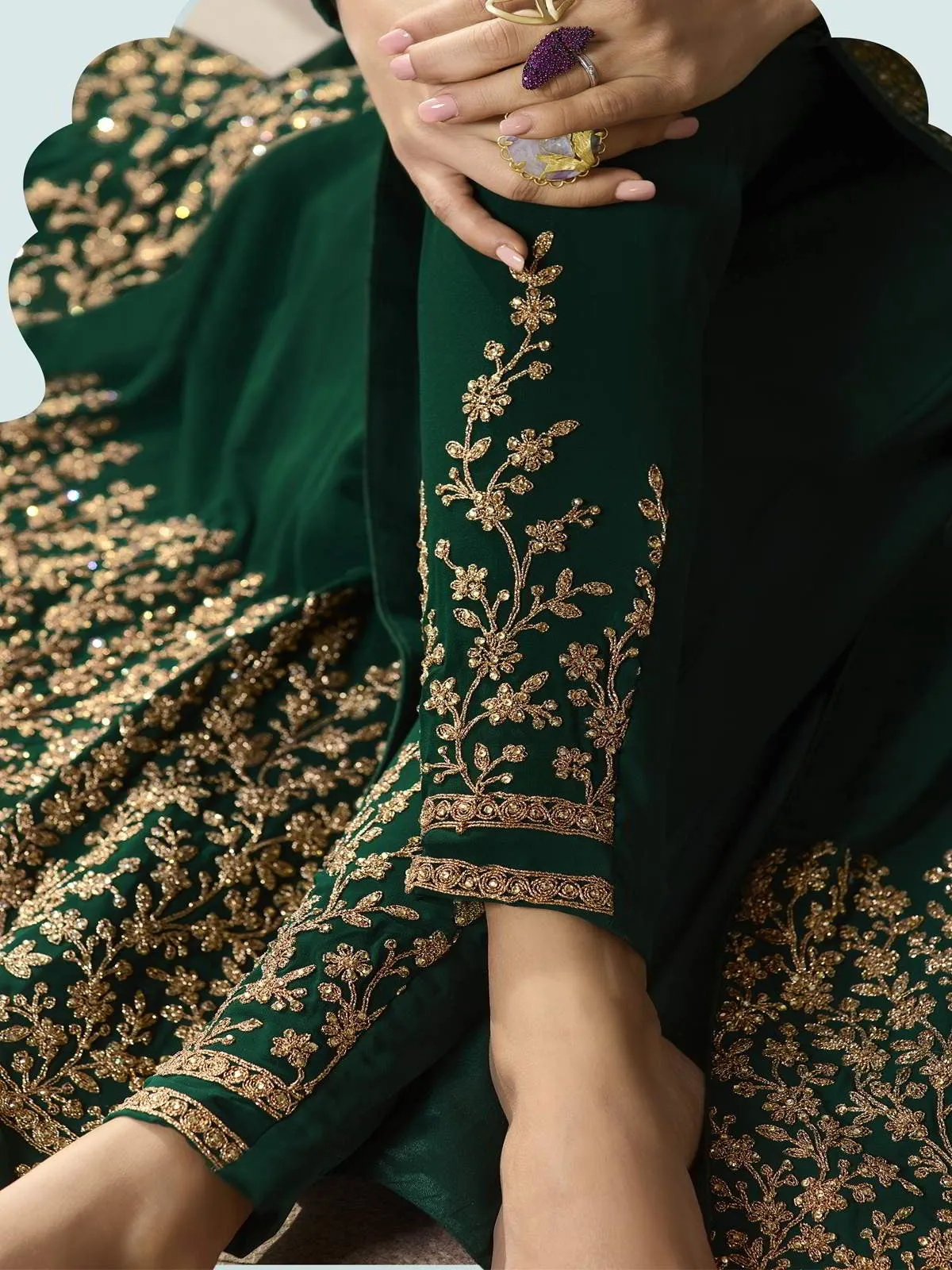 Deep Green Embroidered Party Wear Anarkali Pant Suit