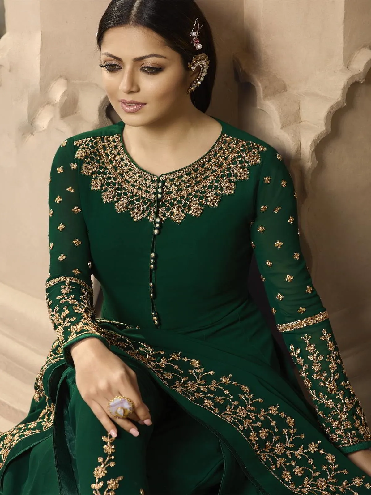 Deep Green Embroidered Party Wear Anarkali Pant Suit