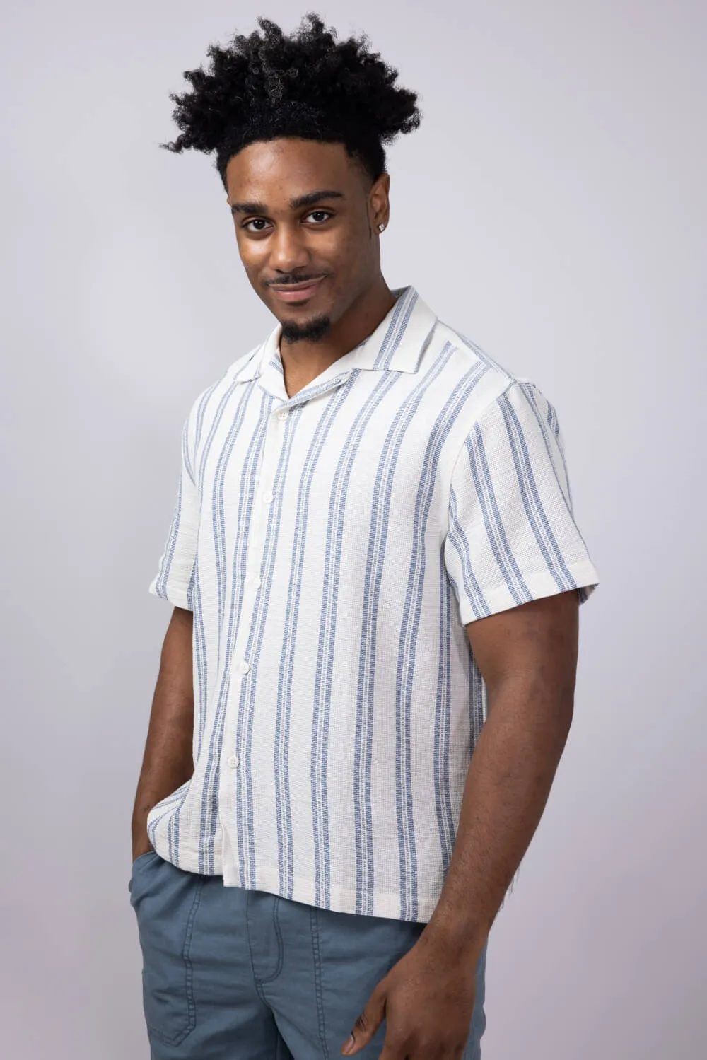 Denim & Flower Textured Striped Button-Down Shirt for Men in Blue/Off White | KWS-B536
