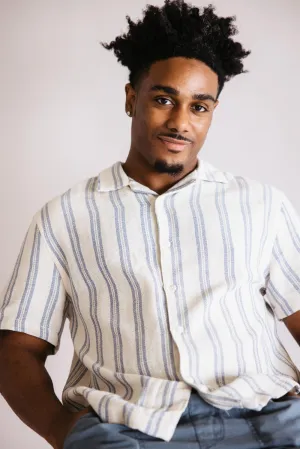 Denim & Flower Textured Striped Button-Down Shirt for Men in Blue/Off White | KWS-B536