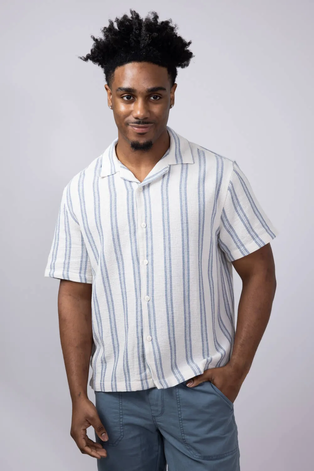Denim & Flower Textured Striped Button-Down Shirt for Men in Blue/Off White | KWS-B536